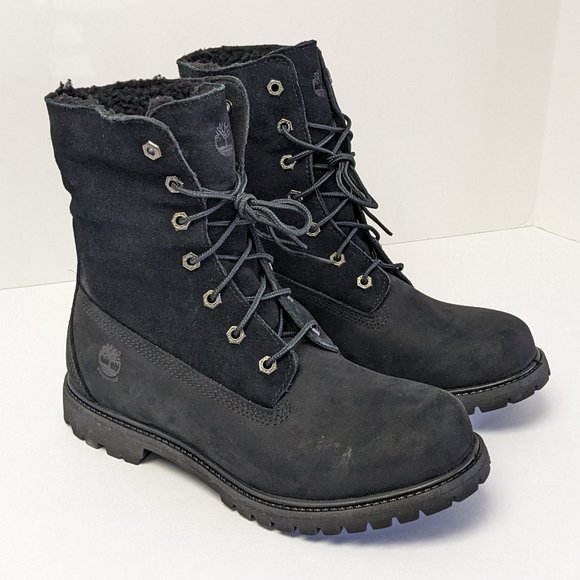 Timberland Teddy Fleece Fold Down Boots, Black Leather, Women's 9 M - Picture 1 of 7